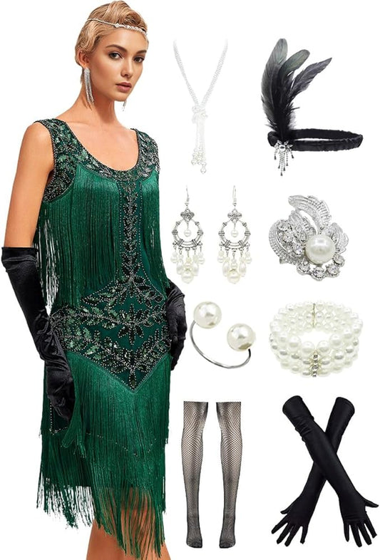 Gatsby Sequin Style Fringe Vintage Green Dress