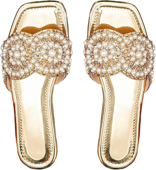 Rhinestone Flat Gold Sandals