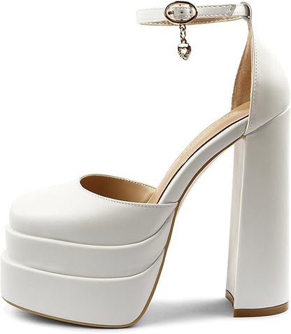 Platform Double Layered Nude Ankle Strap Block Heels