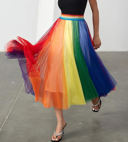 Elegant Light Rainbow Tulle Stretch Midi Skirt