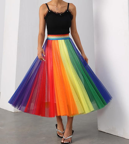 Elegant Light Rainbow Tulle Stretch Midi Skirt