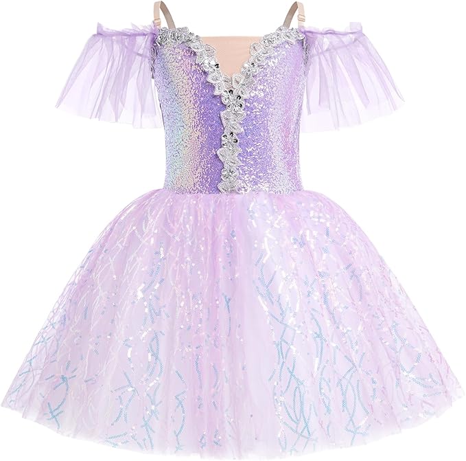 Girls Embroidered Tulle Lace Purple Leotard Dress