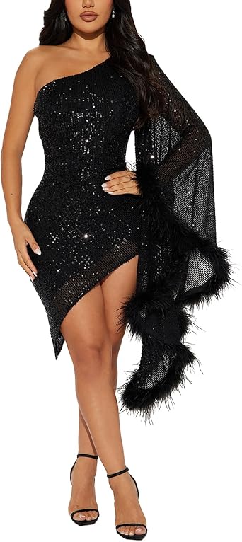 Bella Of The Ball Black One Shoulder Sequin Long Sleeve Feathered Mini Dresses