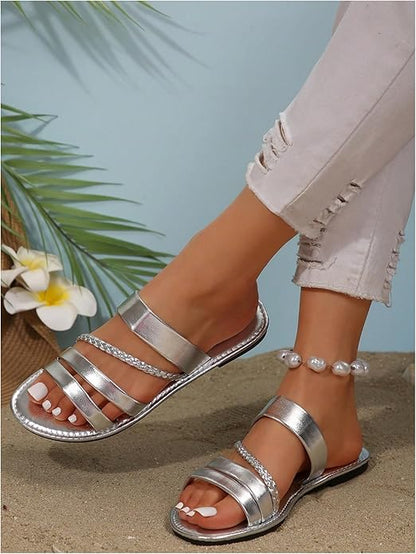 Silver Braided Strappy Flat Sandals