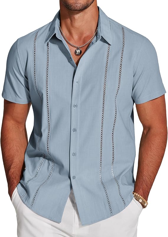 Men's Cuban Style Sage Button Down Short Sleeve Shirt