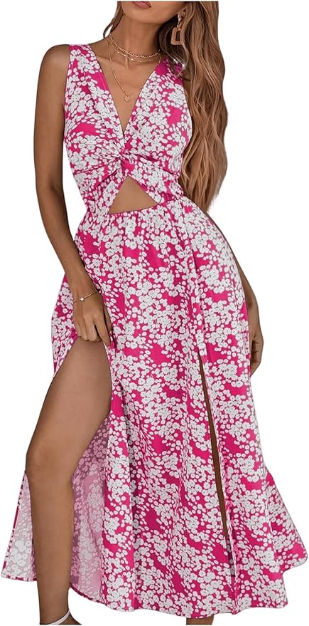 Floral Pink Cut Out Sleeveless Maxi Dress