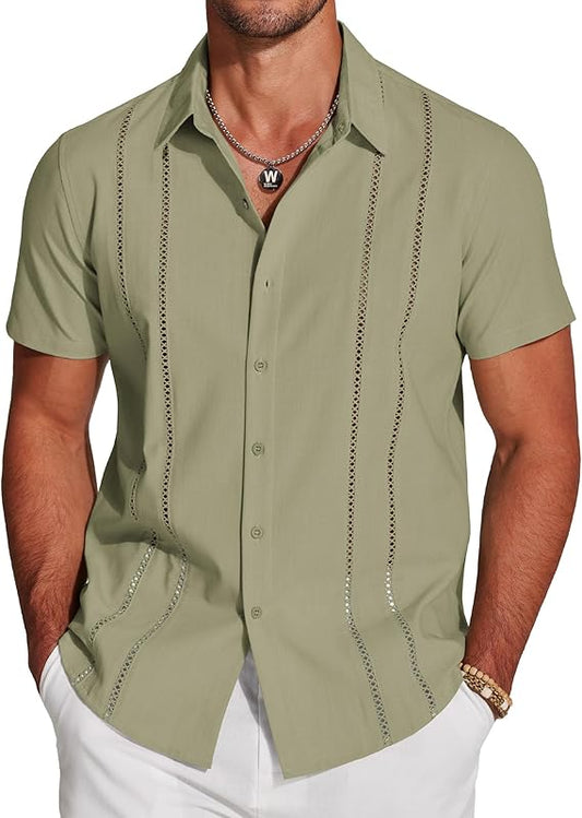 Men's Cuban Style Sage Button Down Short Sleeve Shirt