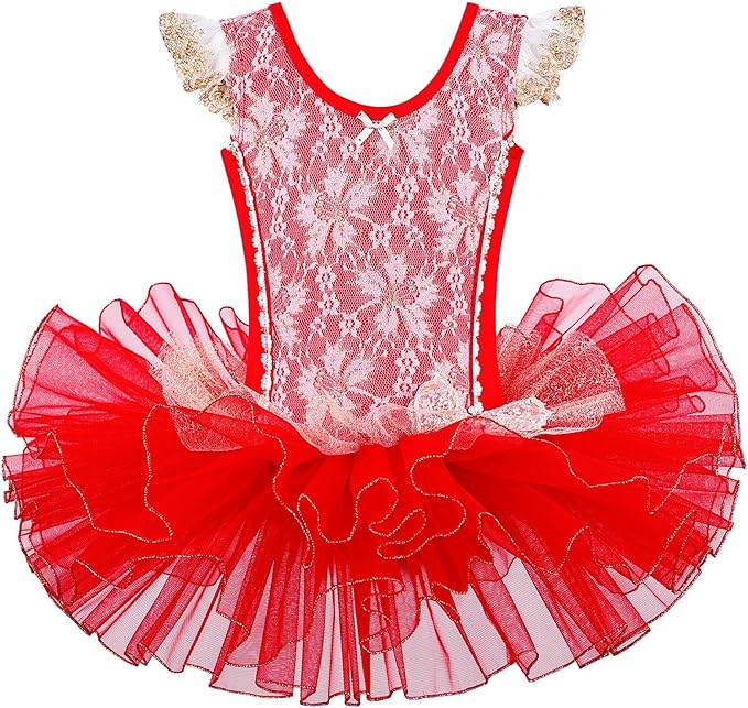 Girl's Ruffled Tulle Gold Pink Leotard Dress