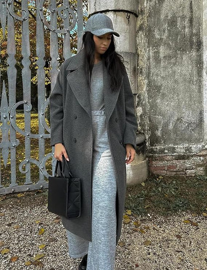 Womens Grey Long Double Breasted Trench Coat