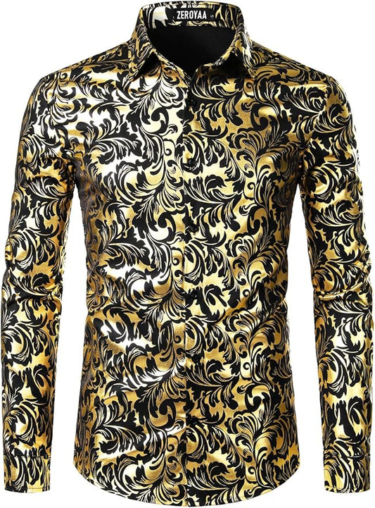 Men's Formal Button Up Black-Gold Shirt