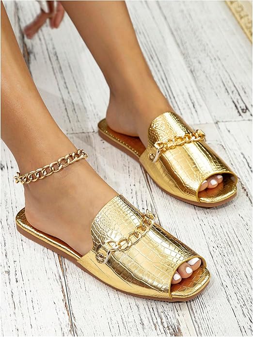 Gold Metallic Open Toe Flat Chain Sandals