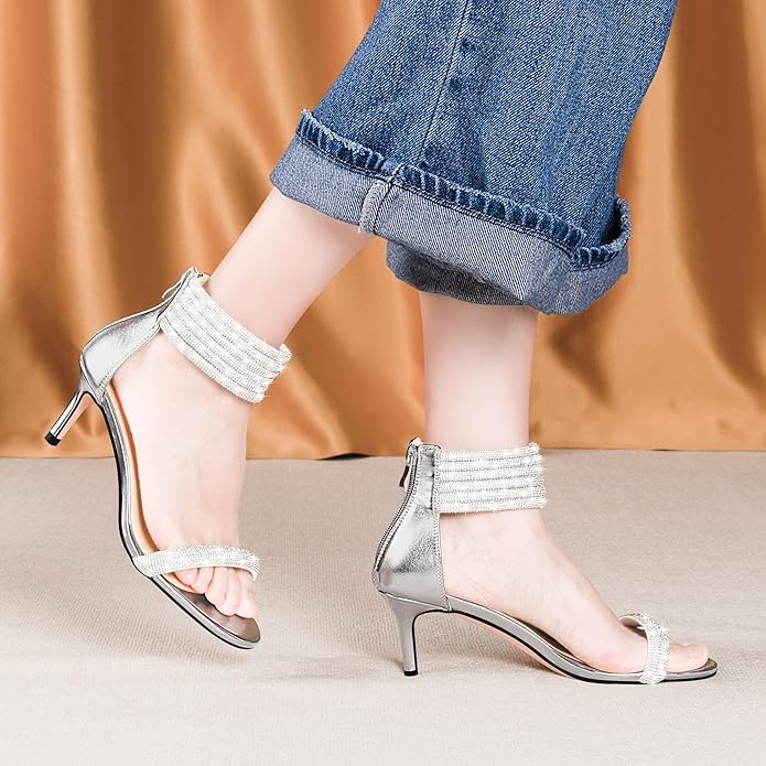 Rhinestone Studded Silver Ankle Strap Low Heels