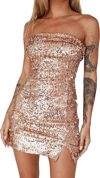 Strapless Holiday Sequin Gold Party Dress