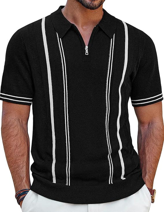 Men's Black Zippered Polo Short Sleeve Shirt