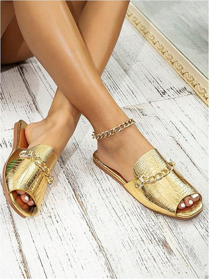 Gold Metallic Open Toe Flat Chain Sandals