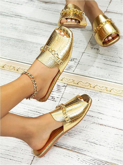 Gold Metallic Open Toe Flat Chain Sandals