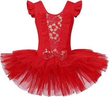 Girl's Ruffled Tulle Gold Pink Leotard Dress