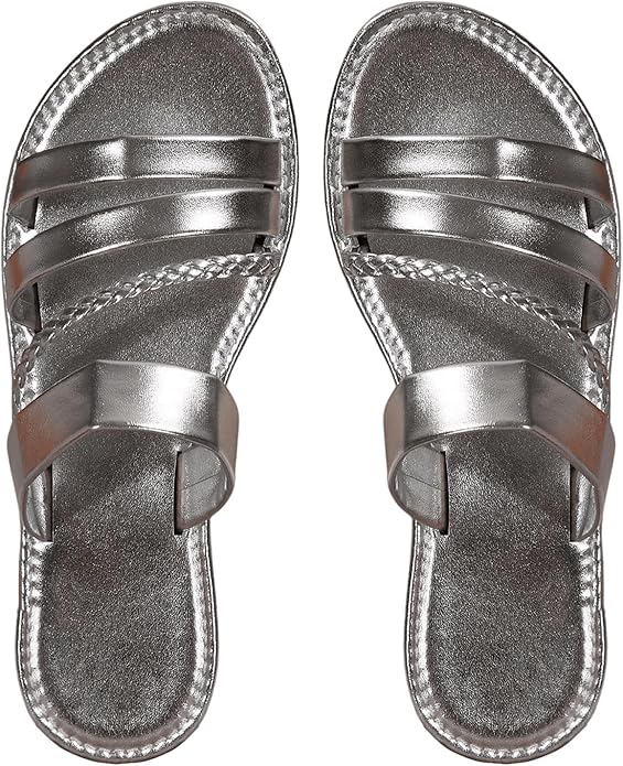 Silver Braided Strappy Flat Sandals