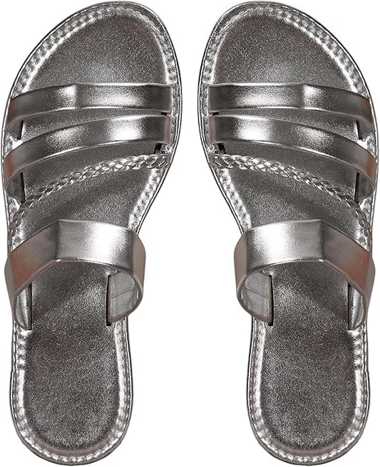 Silver Braided Strappy Flat Sandals