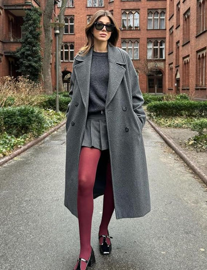 Womens Grey Long Double Breasted Trench Coat