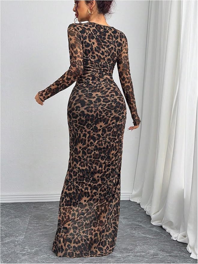 Cheetah Print Long Sleeve Mesh Maxi Dress