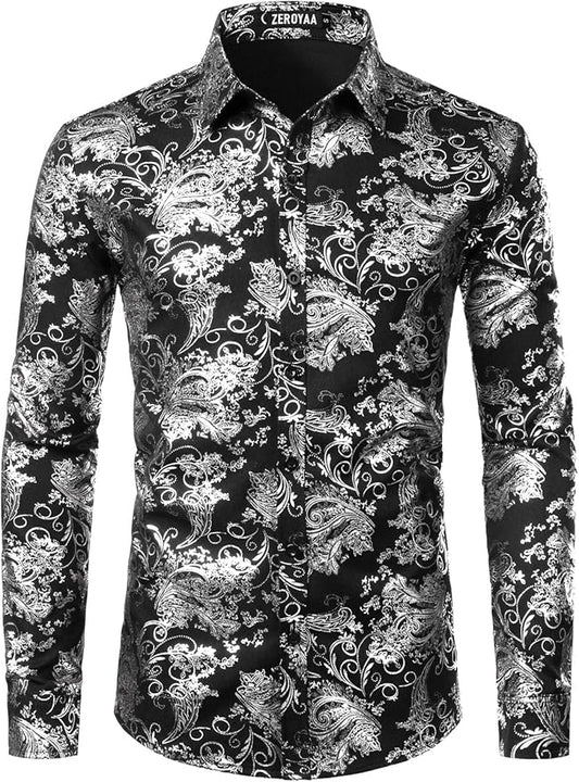 Men's Formal Button Up Black-Silver Shirt