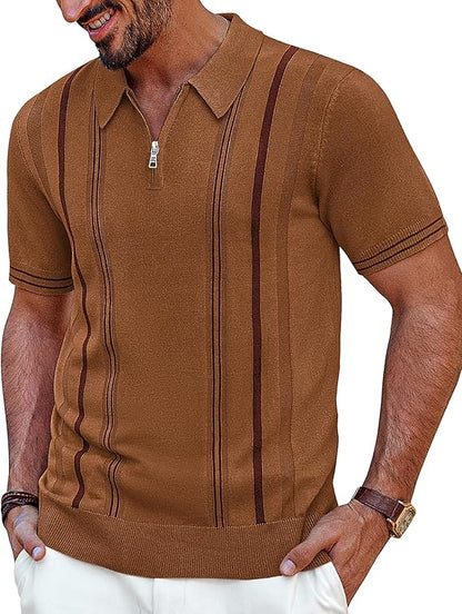 Men's Brown Zippered Polo Short Sleeve Shirt