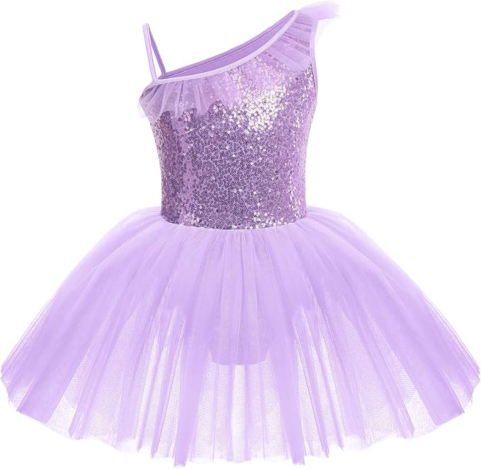 Girl's One Shoulder Pink Tulle Leotard Dress