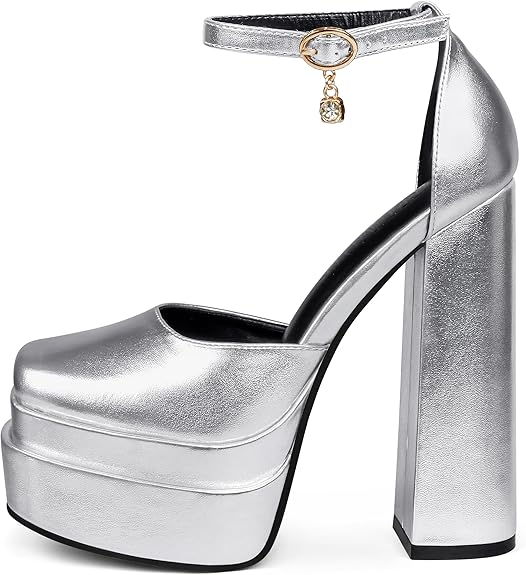 Platform Double Layered Silver Ankle Strap Block Heels