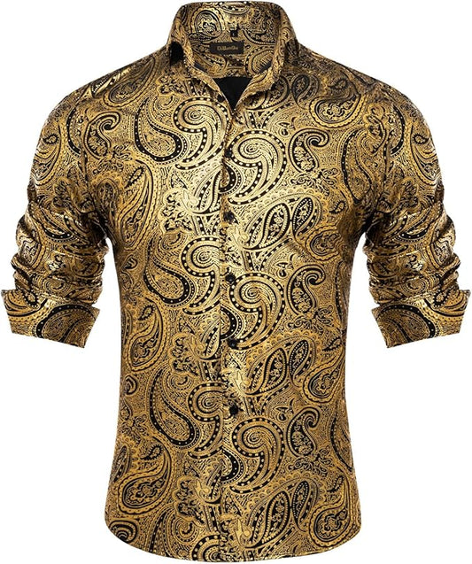 Men's Gold Paisley Printed Long Sleeve Shirt