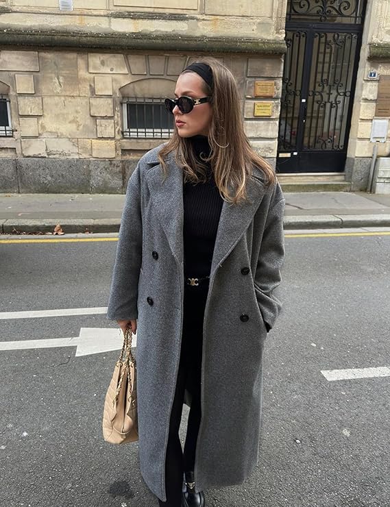 Womens Grey Long Double Breasted Trench Coat