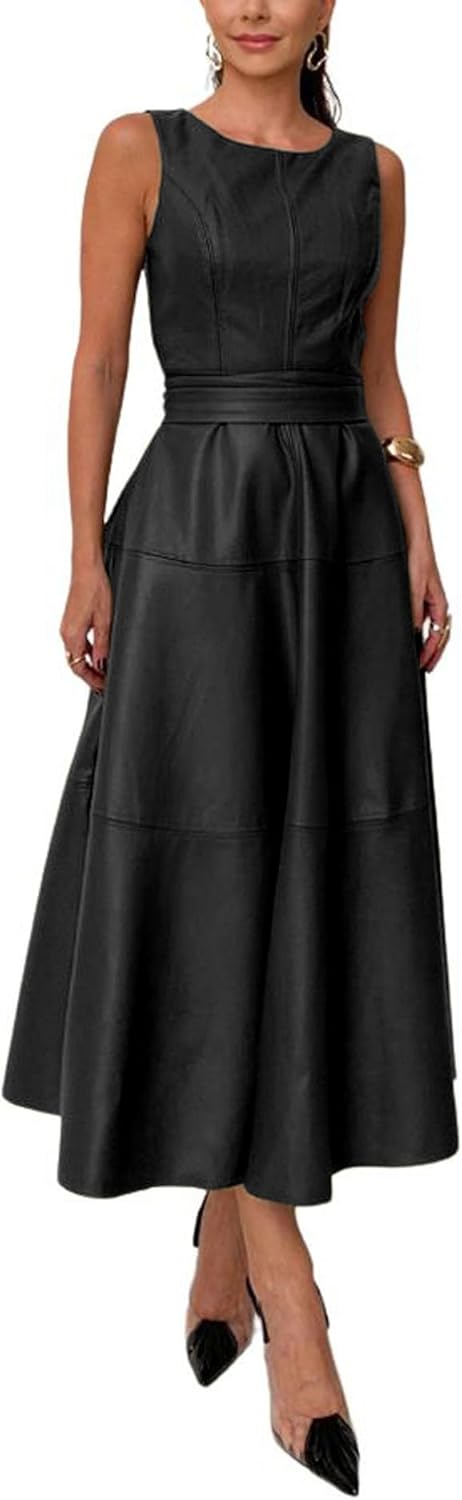 Elegant Black Sleeveless Faux Leather Maxi Dress