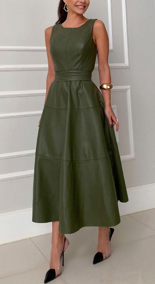 Elegant Green Sleeveless Faux Leather Maxi Dress