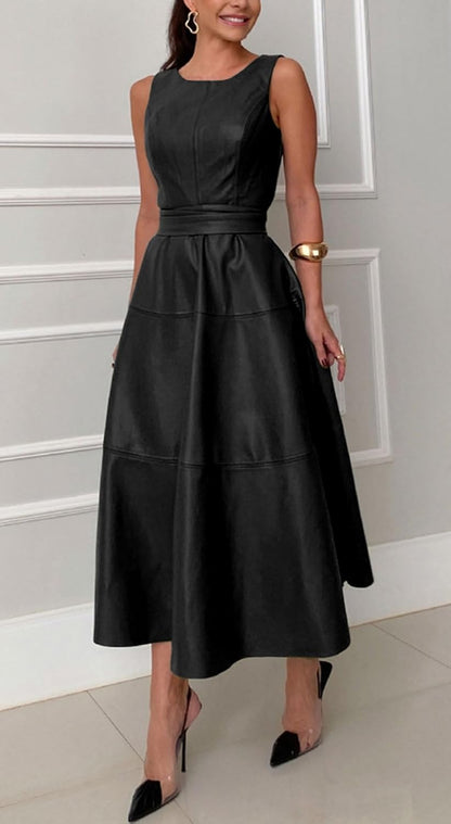 Elegant Black Sleeveless Faux Leather Maxi Dress