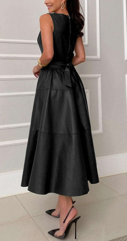 Elegant Black Sleeveless Faux Leather Maxi Dress