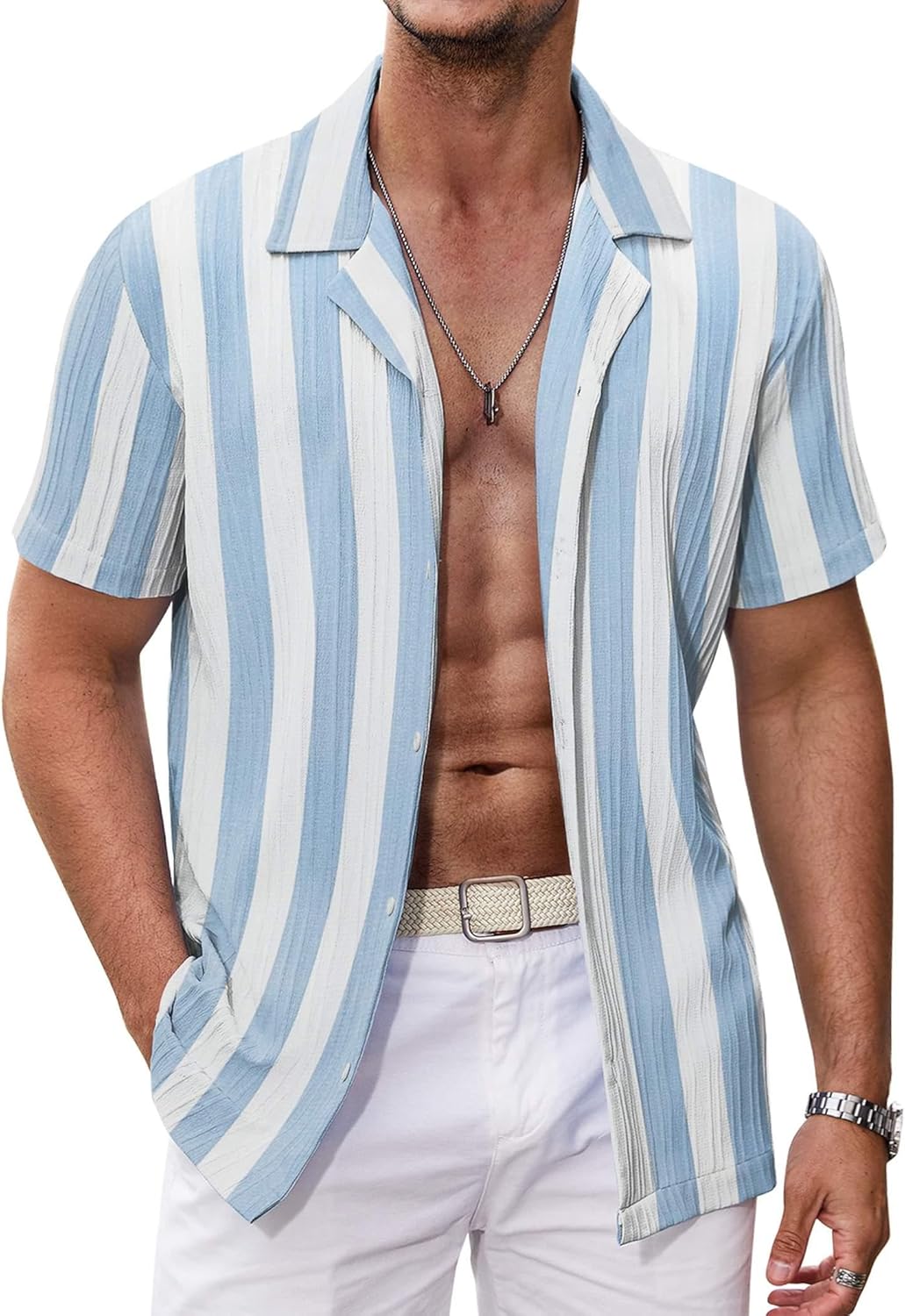 Men's Blue & White Striped Short Sleeve Shirt