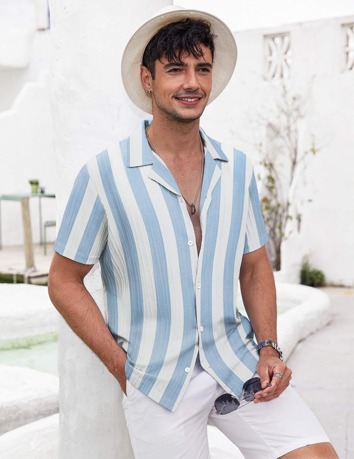 Men's Blue & White Striped Short Sleeve Shirt