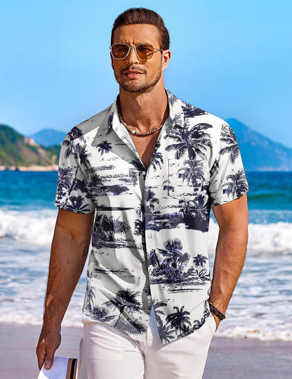 Men's White Hawaiian Print Short Sleeve Shirt