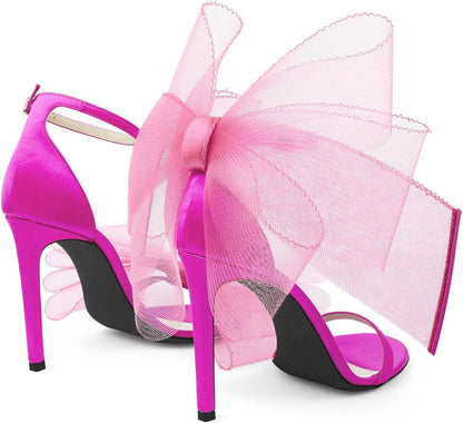 Bow Mesh Stiletto Light Pink Ankle Strap Heels