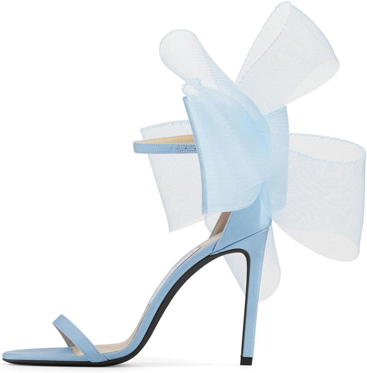 Bow Mesh Stiletto Light Blue Ankle Strap Heels