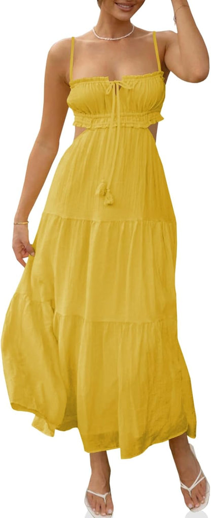 Boho Yellow Spaghetti Strap Maxi Dress