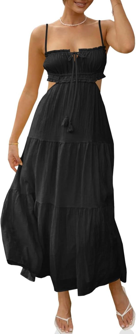 Boho Black Spaghetti Strap Maxi Dress