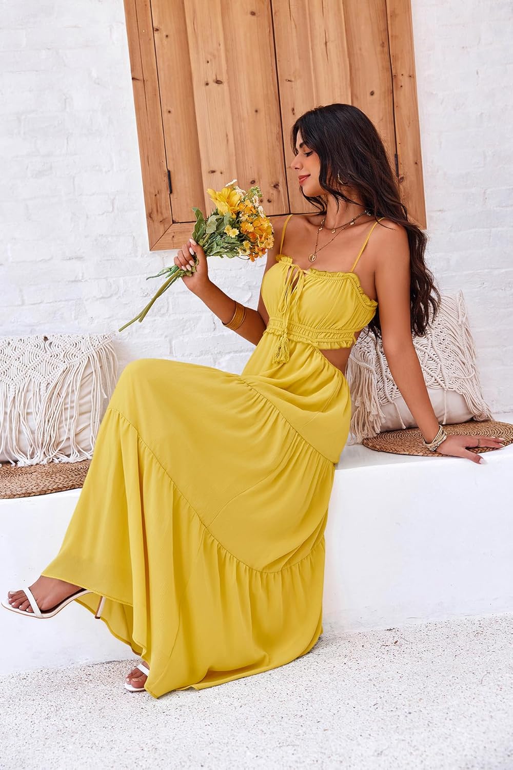 Boho Yellow Spaghetti Strap Maxi Dress