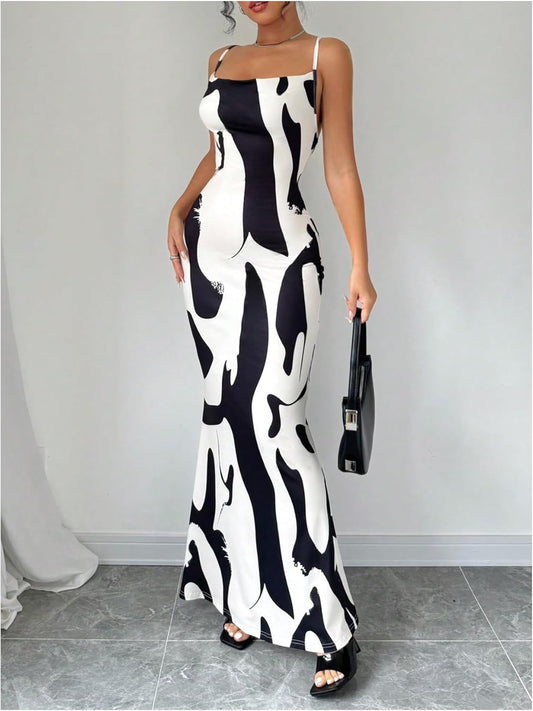 Pretty Printed Black & White Sleeveless Maxi Dress