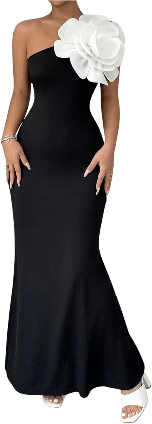 Elegant Floral Black One Shoulder Maxi Dress