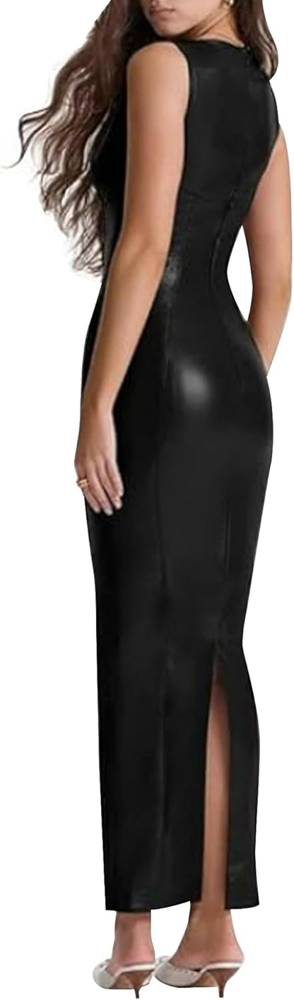 Chic Black Faux Leather Sleeveless Midi Dress