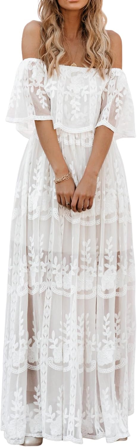 Cathedral White Lace Off Shoulder Maxi Dress