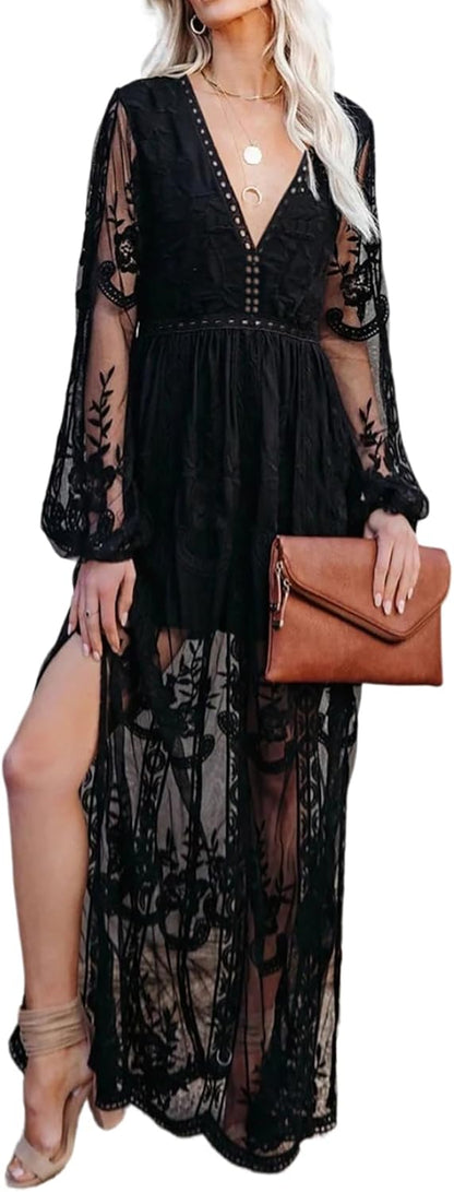 Black Lace V Cut Maxi Dress