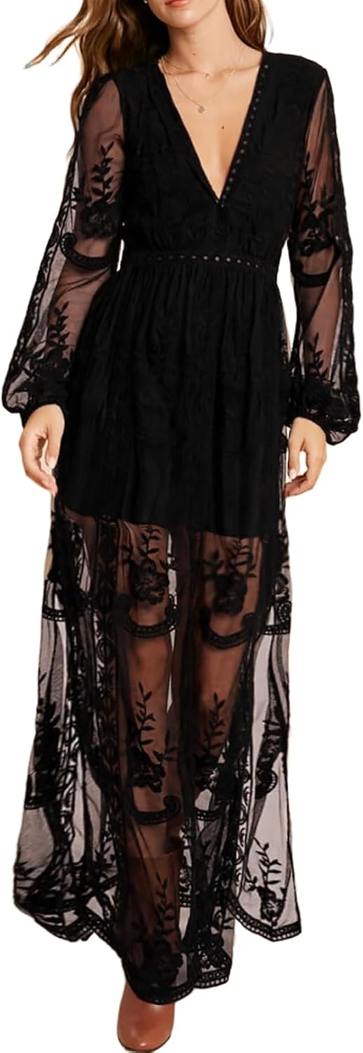 Black Lace V Cut Maxi Dress