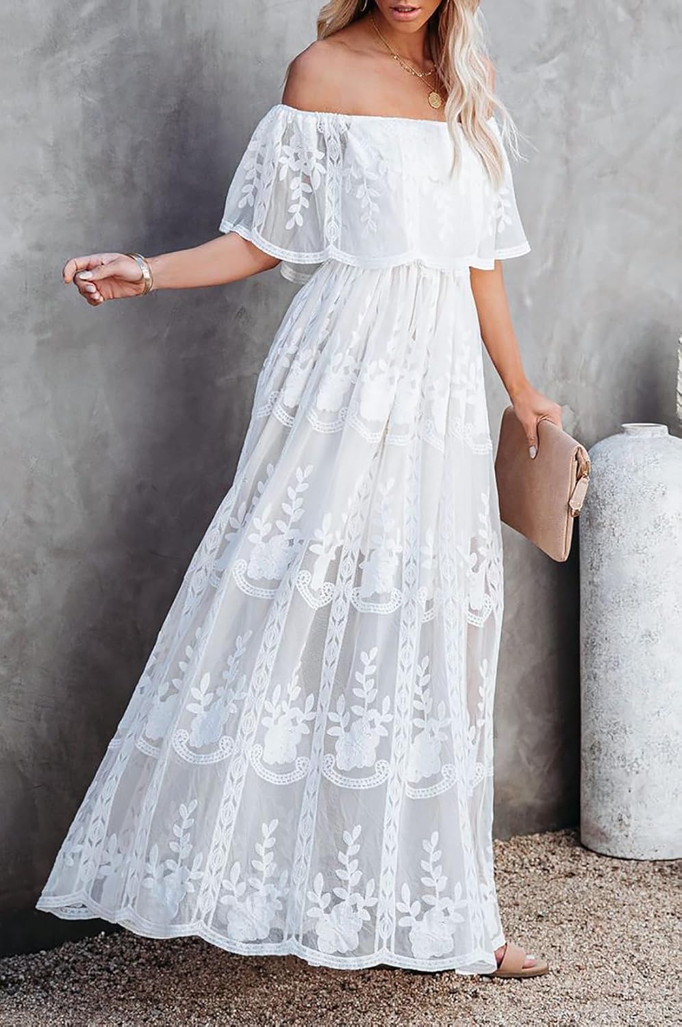 Cathedral White Lace Off Shoulder Maxi Dress